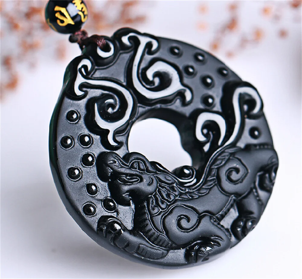 Trendy Natural Black Obsidian Carved Chinese Handwork Ancient Kylin PiXiu Hollow Lucky Pendant Beads Necklace Gift Jewelry
