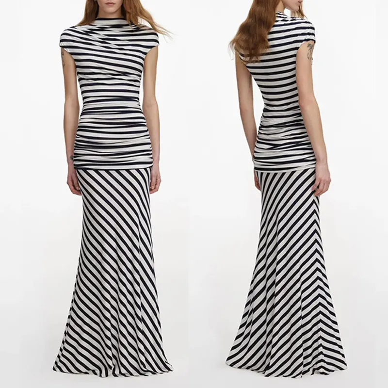 Women Striped pleated long dress short sleeeve fashion temperament maxi dress