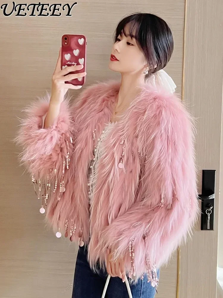 2023 Winter New Faux Fox Fur Coat Women's Short Clothes Young Fashionable Sequins Tassel Imitation Raccoon Fur Jacket