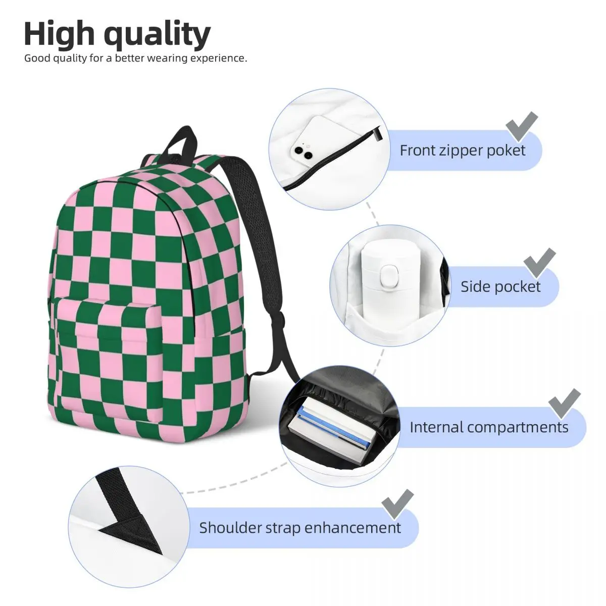 Candy Pink And Cadmium Green Checkerboard Backpack Sports Student Business Geometric Checkered Daypack Laptop Canvas Bags