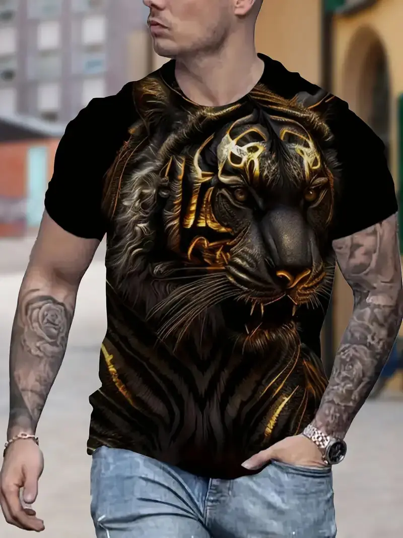 Men's White Tiger Print T-Shirt 3D Animal Pattern Trend Personality O-Neck Short Sleeve Oversized T-Shirt Summer Street Clothing