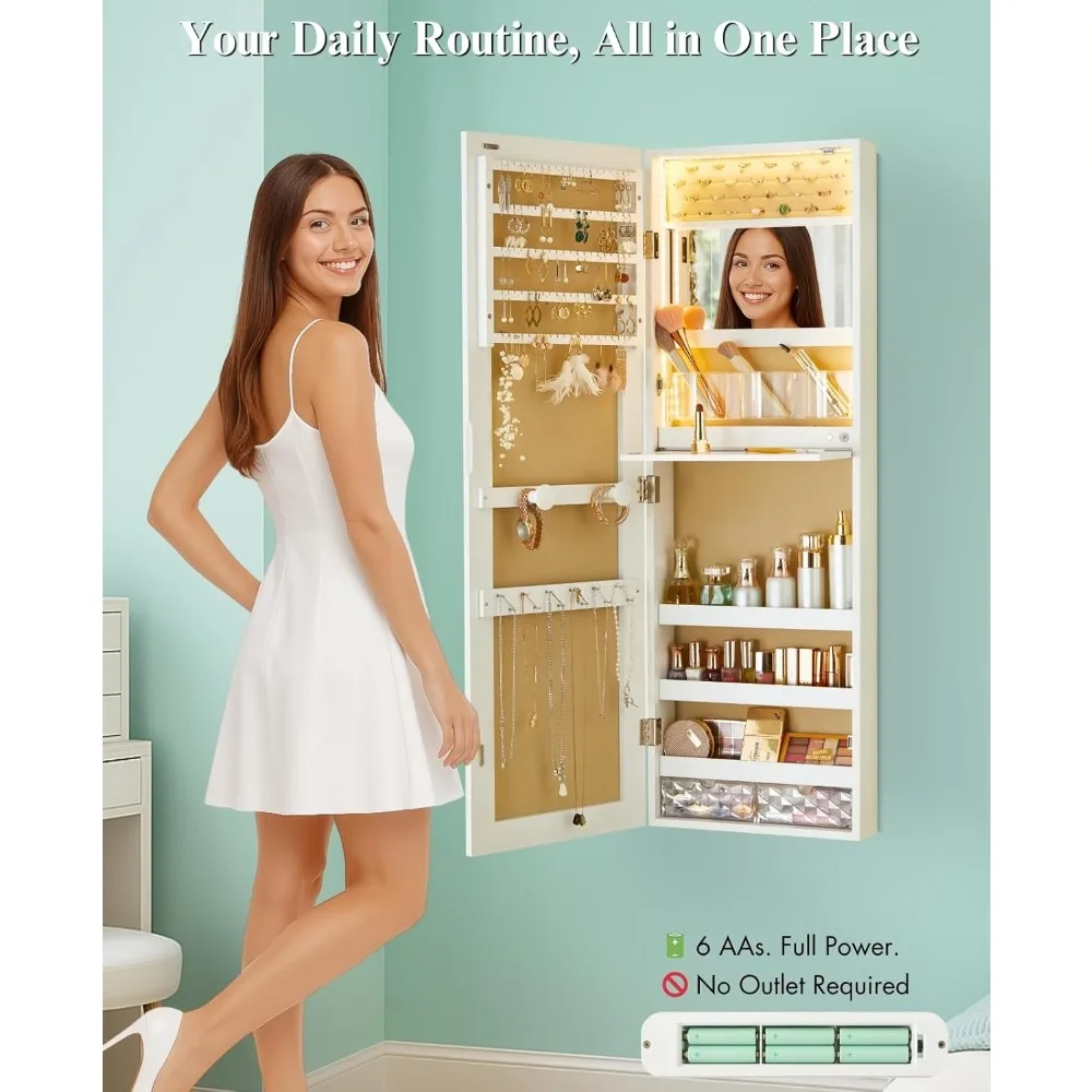 خزانة مجوهرات بمرآة مثبتة على الحائط مع أضواء، 42 بوصة طويلة فوق الباب، خزانة مجوهرات معلقة، 3 أوضاع ألوان مجوهرات