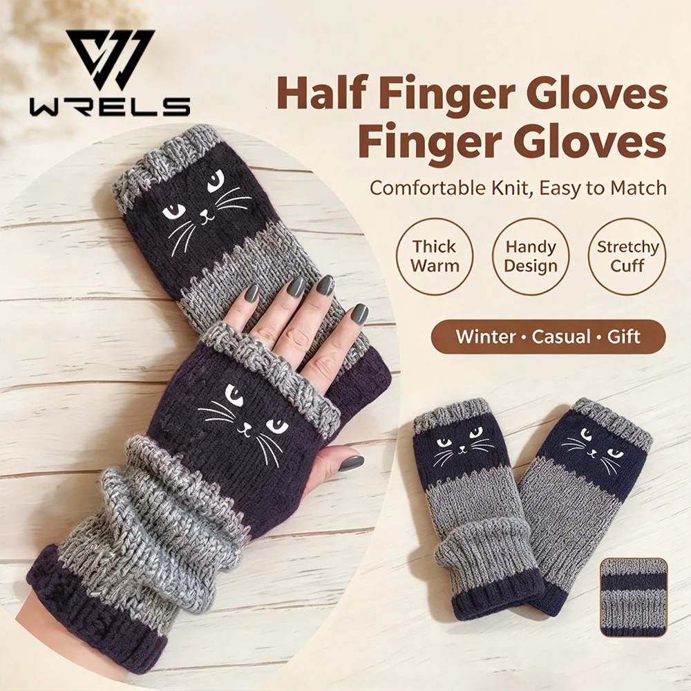 Winter Thermal Gloves Cute Cat Fingerless Gloves Anti-Cold Thickened Warm Halloween Christmas Men Women Touchscreen Mittens