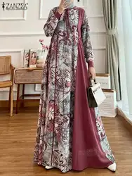 ZANZEA-Abaya musulmana con estampado Floral para mujer, elegante vestido largo de manga larga con cuello atado de retazos, maxivestido Islámico