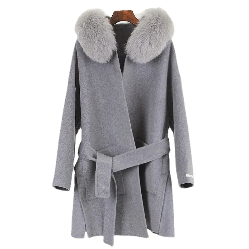 

Autumn and winter new oversized fox fur hooded double-sided wool coat medium and long collar double-sided tweed coat women