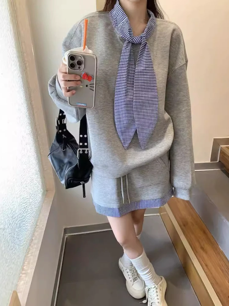 Korean Fashion New in Spring Lace-up Bow Collar Sweat Long Sleeve Shirt Drawstring Short Skirt Two Piece Set Women Outfits