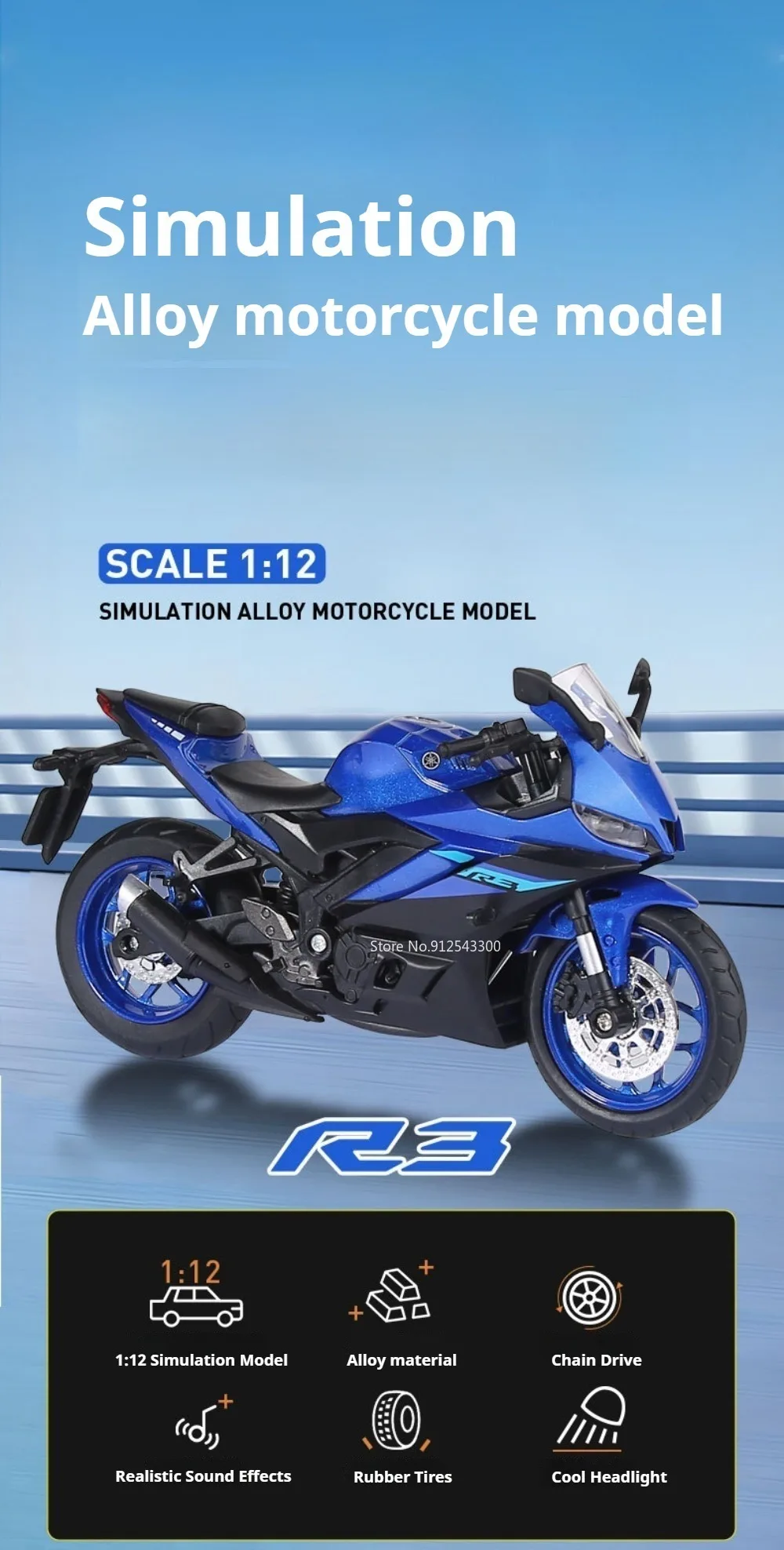 Maßstab 1:12 R3 V-REX Motorrad Modell Spielzeugauto Metallgehäuse Gummireifen Verknüpfung Lenkmotor Modelle Kinder Hobby Spielzeug – Detail 1