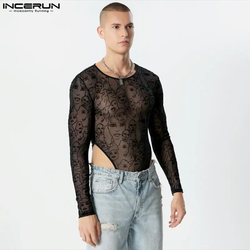 INCERUN 2023 Sexy New Mens Bodysuits Stylish See-through Jacquard Abstract Face Rompers Leisure Thin Long Sleeve Jumpsuits S-3XL