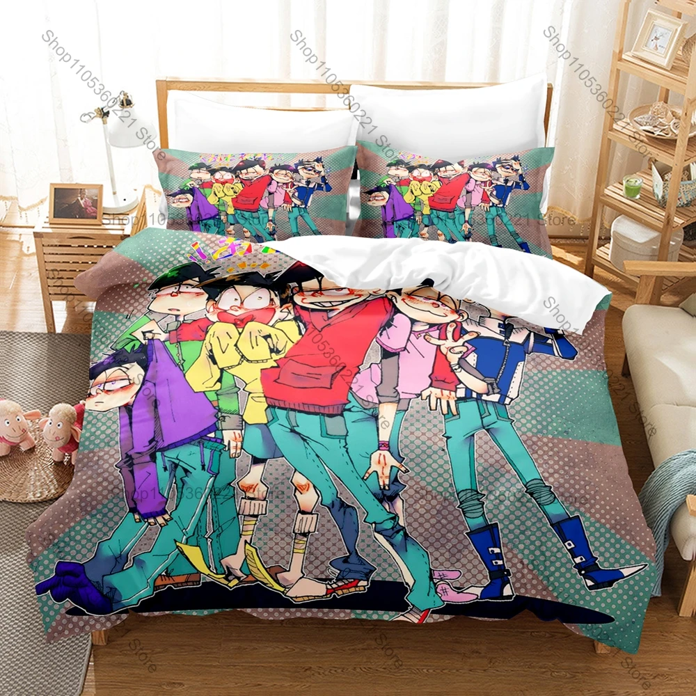 Japanese Comedy Anime Style Duvet Cover + 2 Pillowcases, Osomatsu San Six Brothers Graphic Bedding for Bedroom Decoration