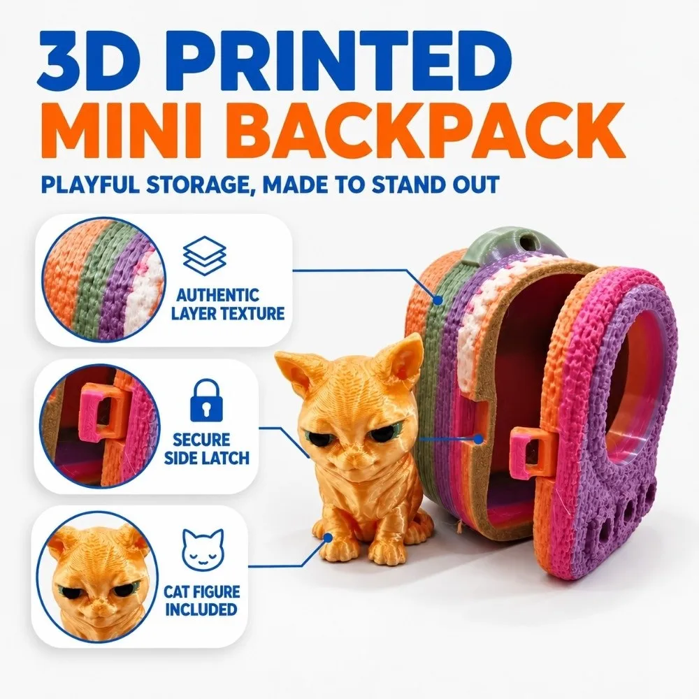 PLA 3D Printed Keychain Vibrant Shades Lightweight Build Trendy Bag Charm Vivid Smooth Finish Micro Kitten Bag School Students