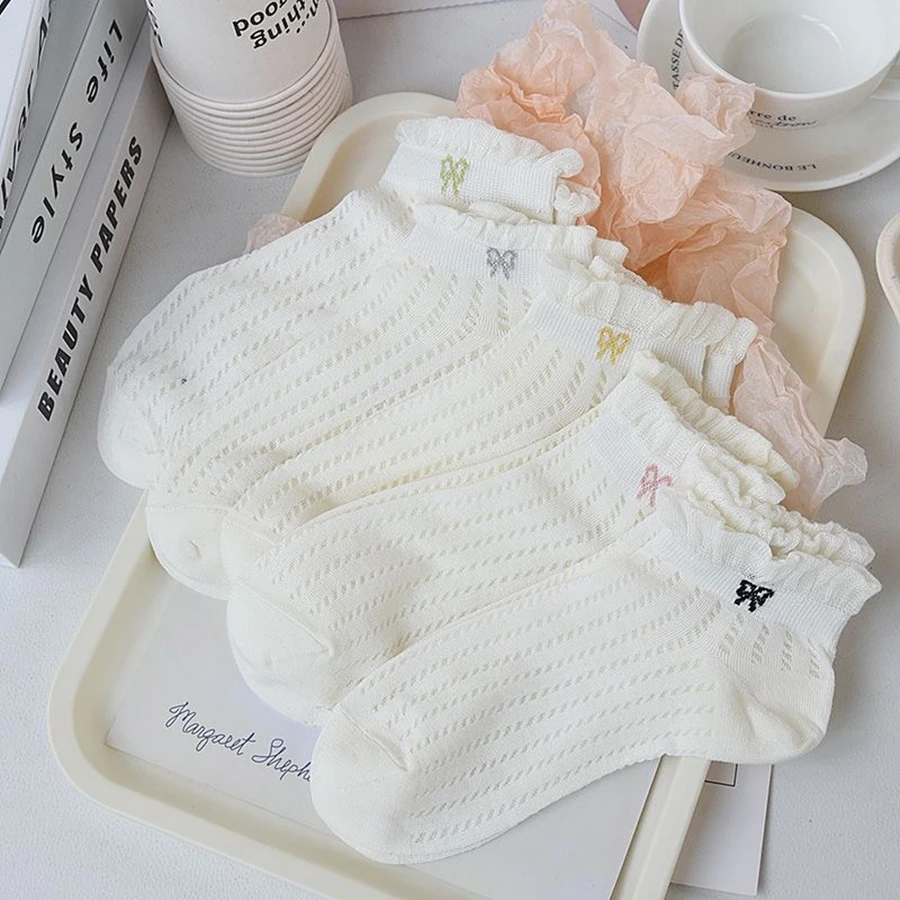 

Dreamlikelin 5 Pairs/Pack Women's Seamless Bow Print Lace Ankle Socks Summer Breathable Ballet Style Japanese Kawaii Short Socks