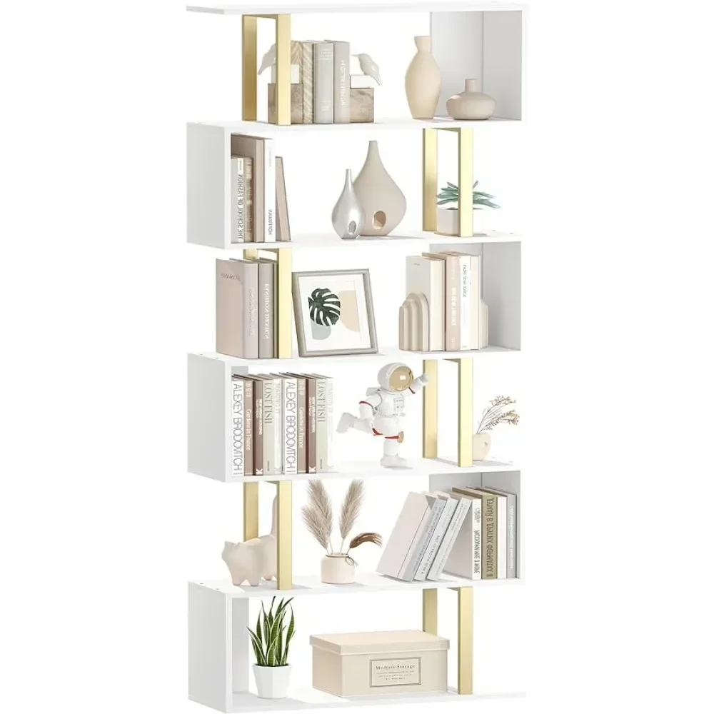 Home Decor Items Modern Wood Decorative Display Shelf Tall Book Case for Home Office Gold and White Geometric Bookcase Room Wall