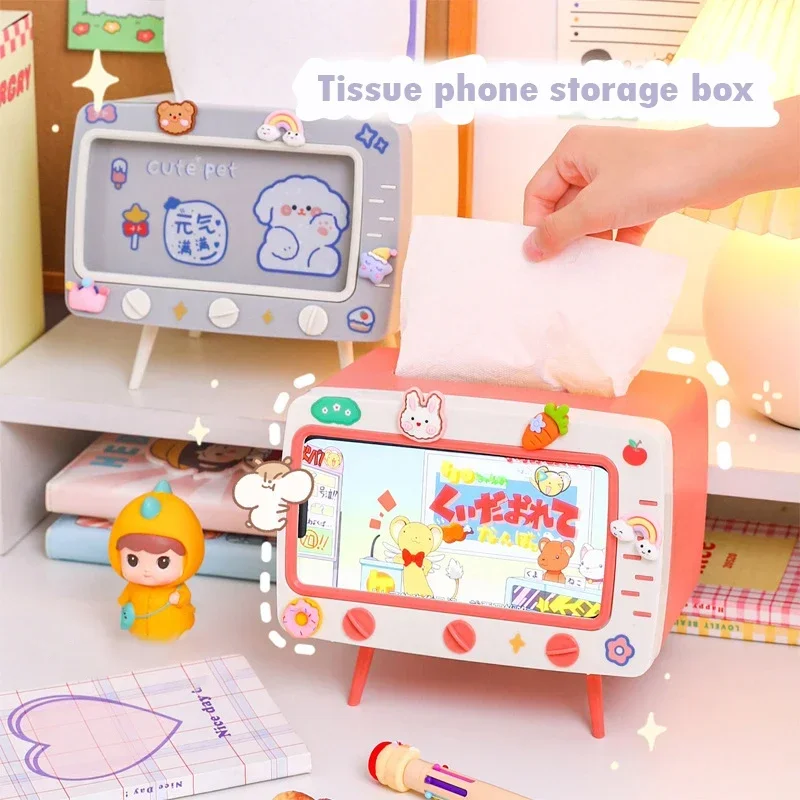 Cute Multifunction Tissue Box Holder Square for Home Desktop Decor Tv Tissue Box Case Pink Phone Holder Storage Organizer