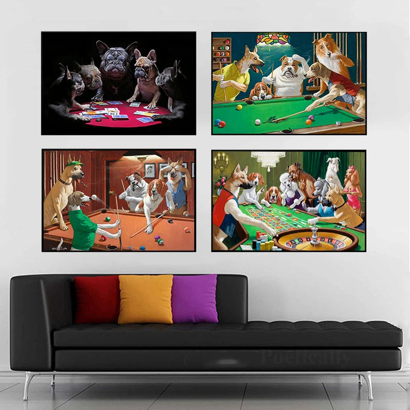 

Funny Animals Poster Cats Dogs Play Poker Billiards Canvas Painting Posters Prints Modern Wall Art Pictures for Home Room Decor