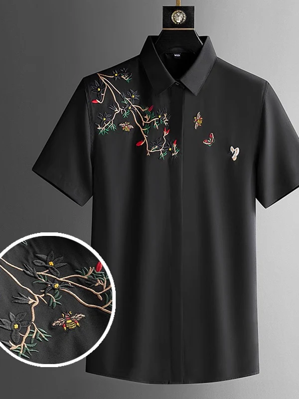 

Summer Fashion Brand Men's Slim Fit Casual Shirt Short Sleeve Embroidery Antwinkle Ironless Business Casual Short Sleeve Shirt
