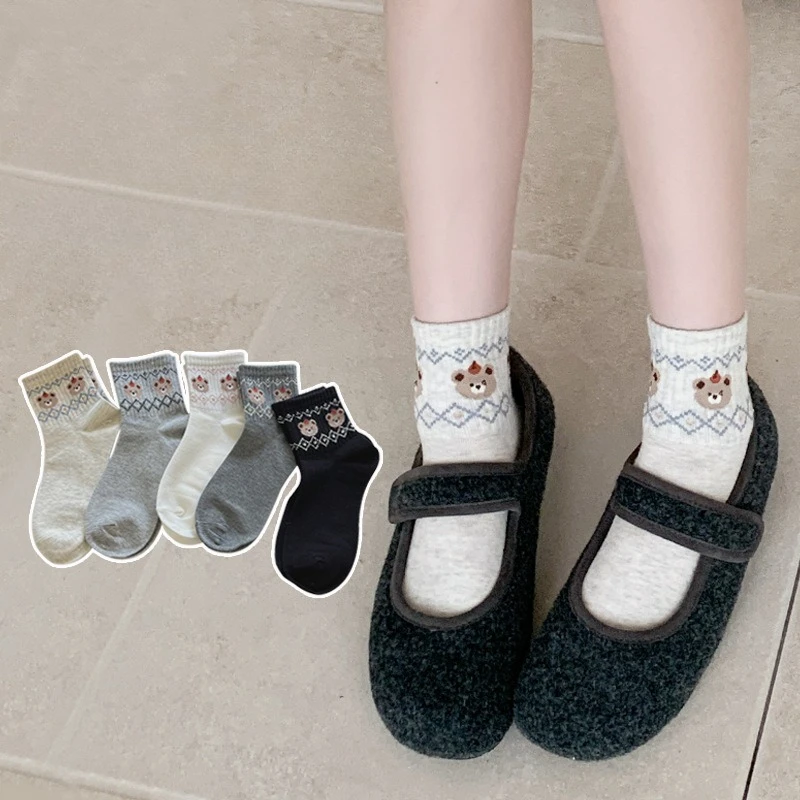 

Socks Women 2025 Autumn Fashion Cotton Knitted Short Socks Cartoon Bear Japanese Kawaii Cute Low Tube Ankle Socks Christmas Gift
