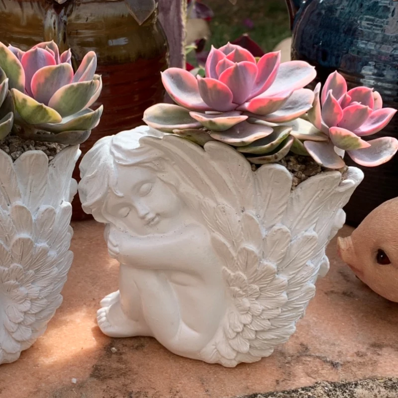 

High14cm Little Angel Flower Resin Creative Pot Succulent Goddess Small Fairy Big Wings European Retro Old Mound Decoration