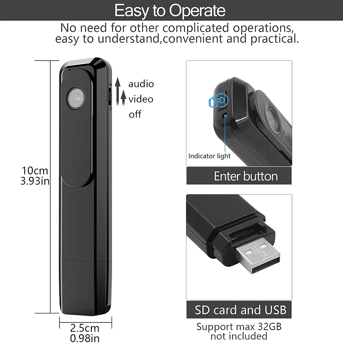 Minicámara grabadora de vídeo de alta definición, 1080P, portátil, con visión nocturna, monitoreo