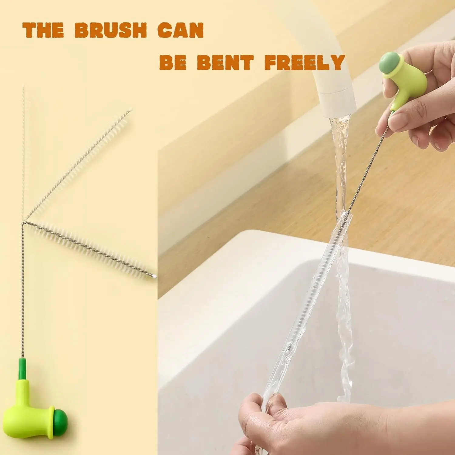 Good Quality Cute Pea Straw Cleaning Brushes 2-in-1 Long Straw Cleaner Brush Stainless Nylon Flexible for Bottle Cup Cover