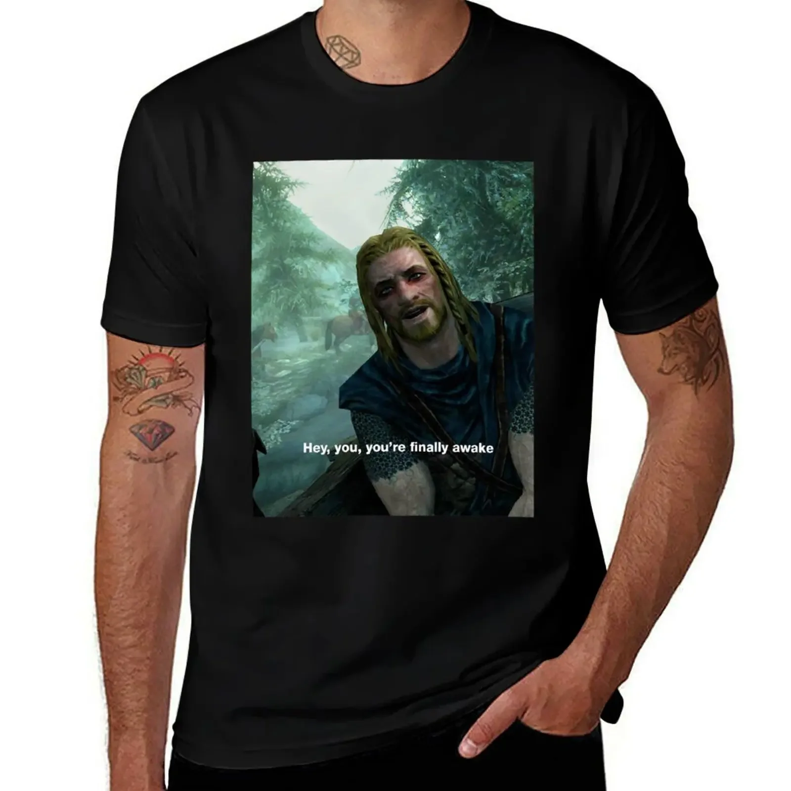 

Hey You You're Finally Awake Skyrim Meme T-Shirt T-shirts man custom shirt affliction shirts Men's t-shirt