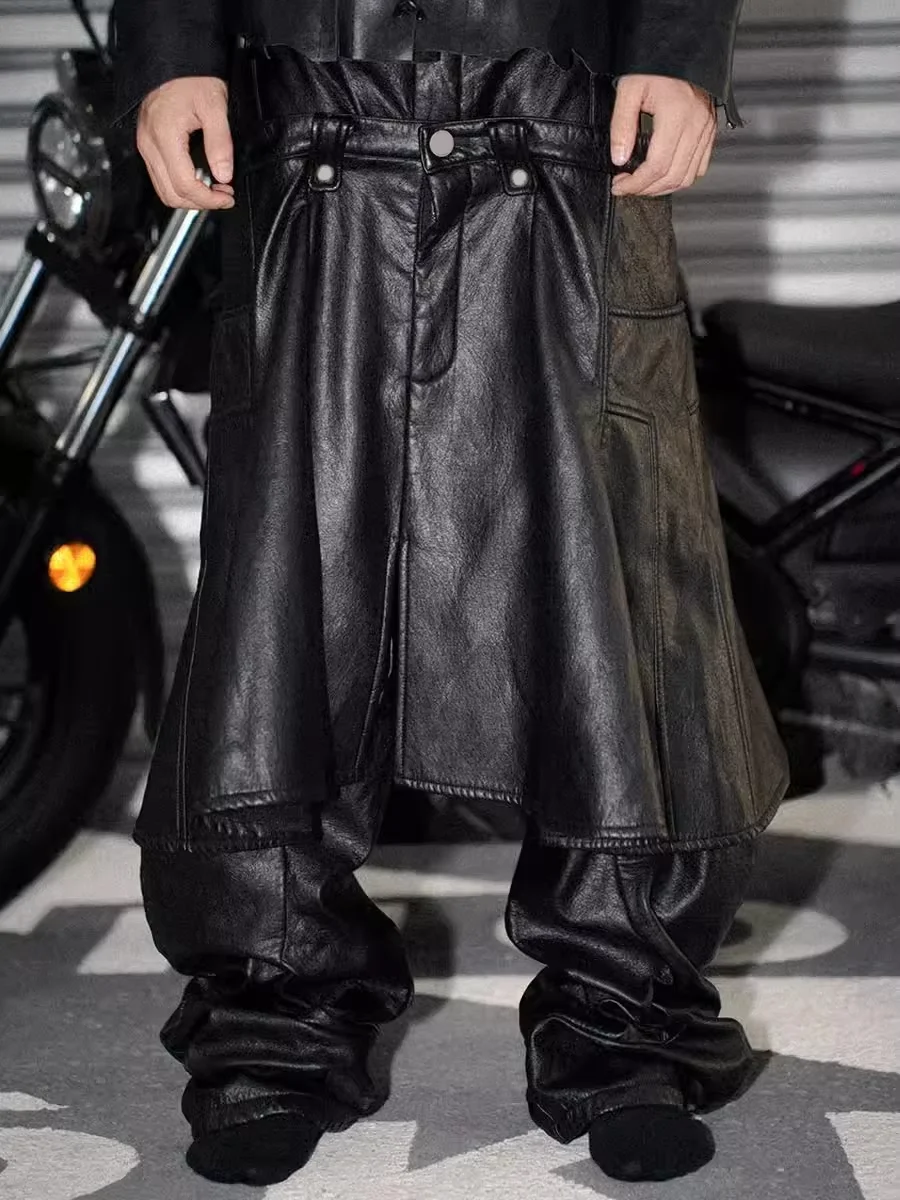 

Mauroicardi Spring Cool Long Baggy Black Pu Leather Wide Leg Cargo Pants Men with Detachable Skirt Luxury Designer Streetwear
