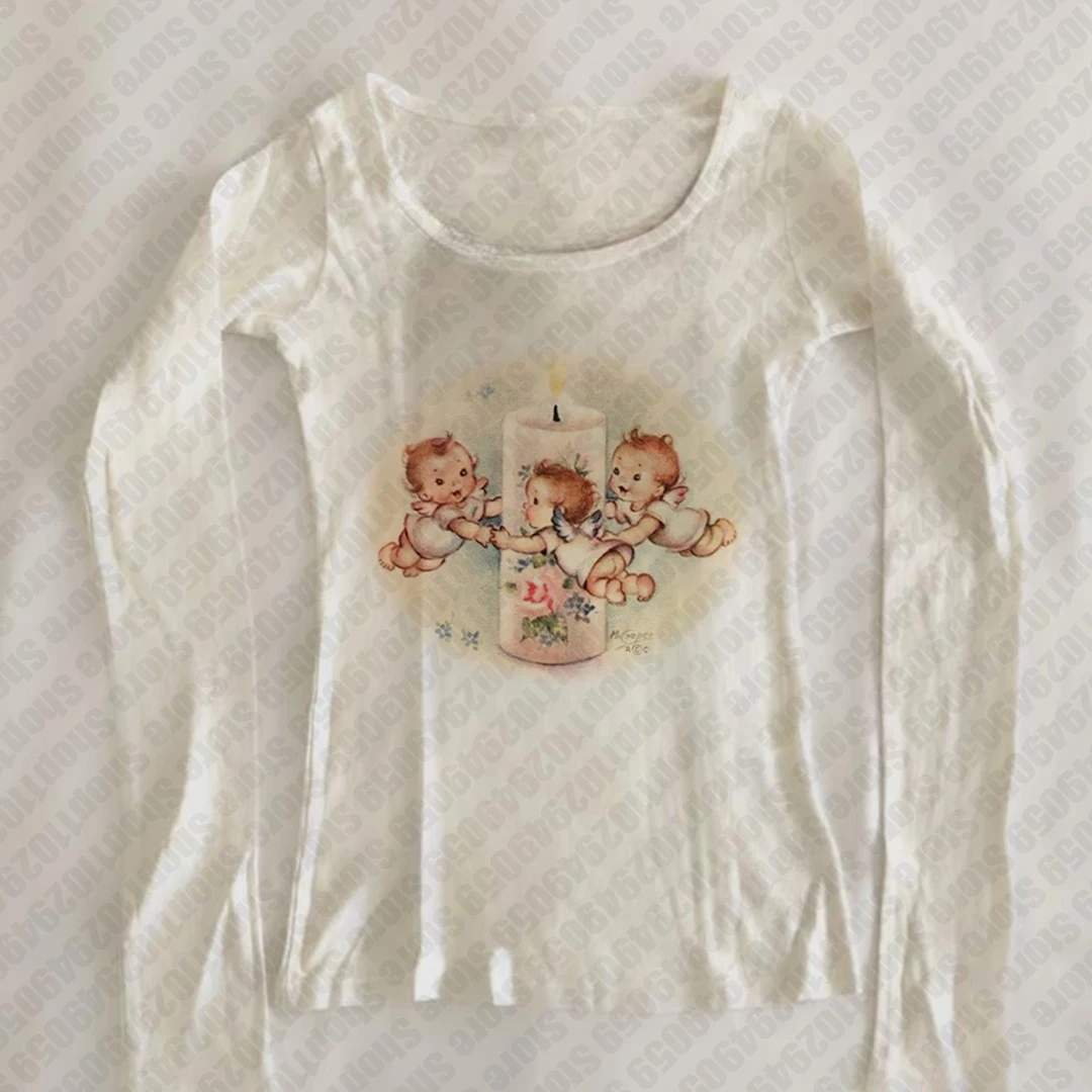 Y2K نمط الرسومات الجنية الجرونج الصيف المحاصيل القمم سليم 2000s بلايز Harajuku الشرير القوطية ايمو كم طويل تي شيرت خمر الطفل المحملة