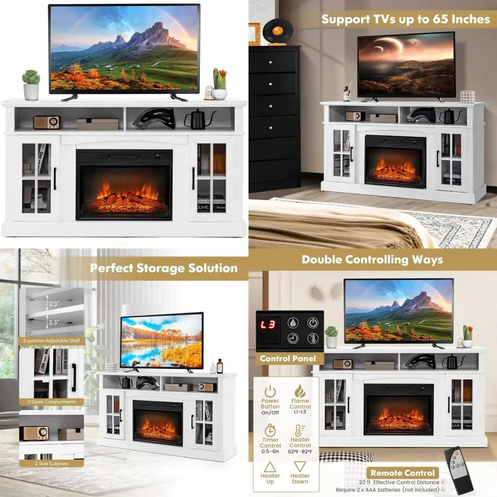 حامل تلفزيون مدفأة كهربائية، سخان 1400 وات، جهاز تحكم عن بعد، مؤقت 6 ساعات، لهب ثلاثي المستويات لأجهزة التلفاز حتى 65 #1