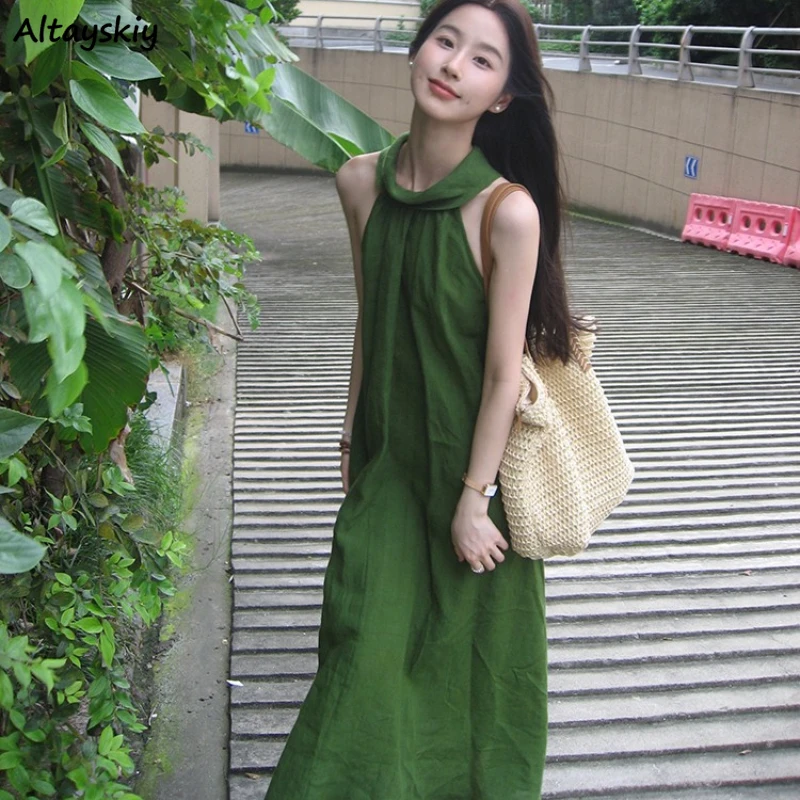 

Summer Dress Sleeveless Holiday Streetwear Cozy All-match Simple Off Shoulder Temper Loose Maxi Vestidos Korean Style Ulzzang