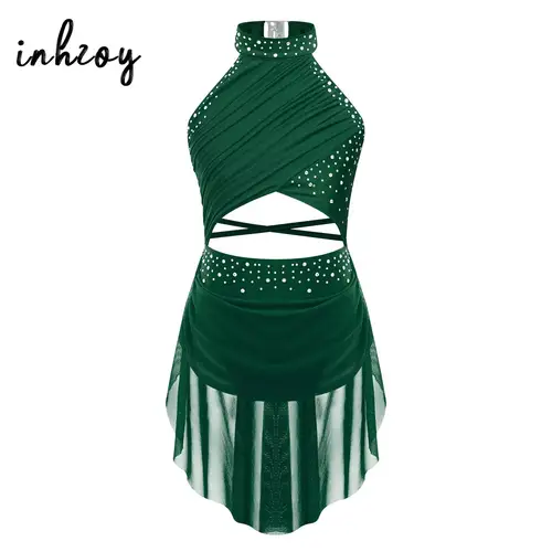 Traje de baile lírico con diamantes de imitación brillantes para niñas, vestido de patinaje artístico con tirantes y espalda descubierta, leotardo de Ballet y gimnasia