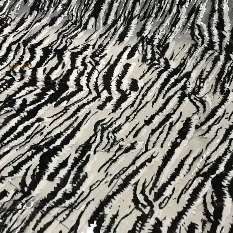 Black and White Zebra Pattern Real Velvet Fabric Silk Bottom Cotton Light See-through Etched-out Clothing