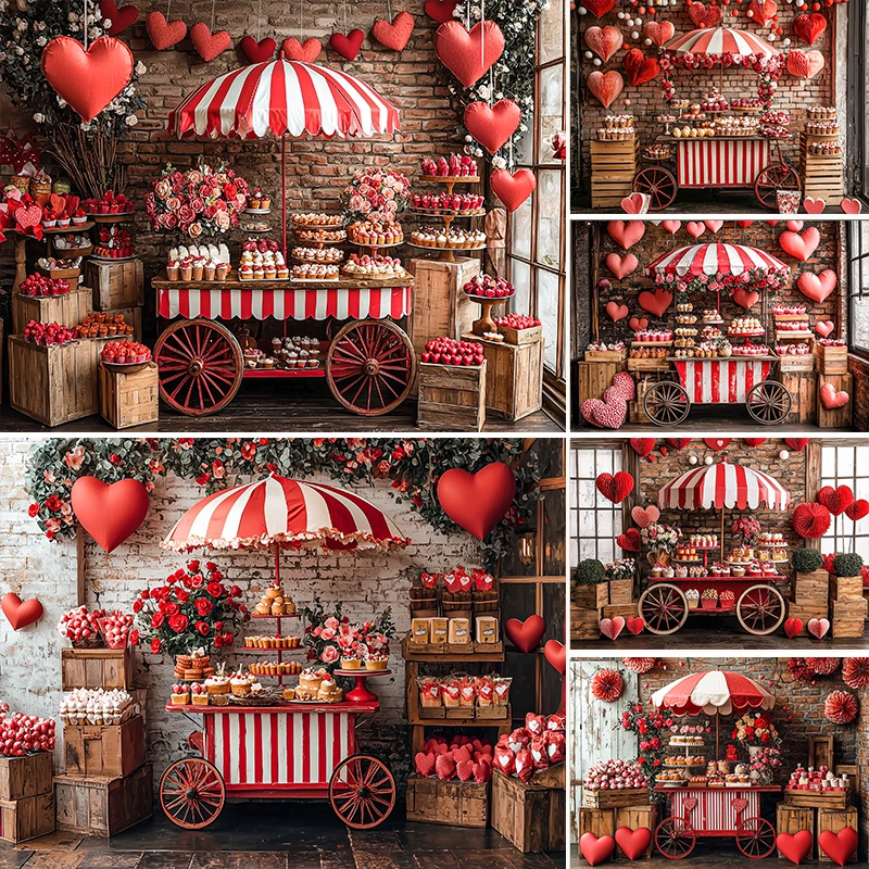 

LS Valentine's Day Backdrop for Photography Red Balloon Rose Cart Green Leaf Background Girl Spring Birthday Photo Studio Props