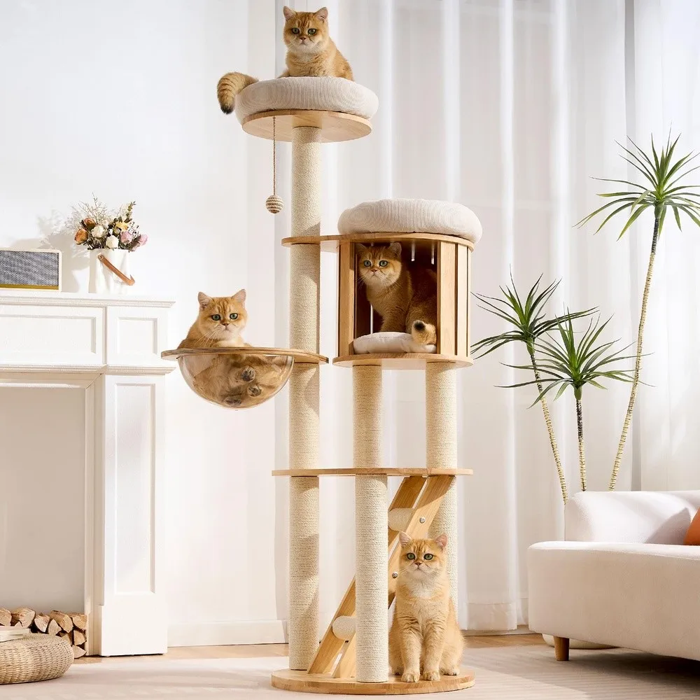 Solid Wood Cat Tree Tower with Scratching Post 61 Inches Tall Cat Towers with Capsule and Condo Modern Cat Tower with
