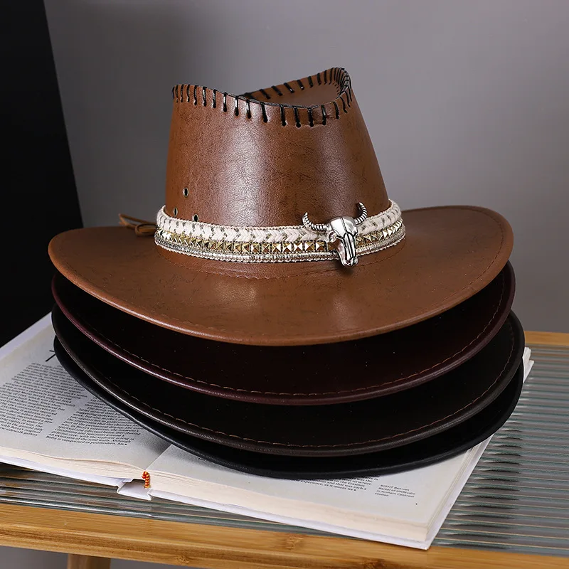 Neue Vintage Mode Kuh Kopf verziert Western Cowboy Hut Kunstleder Panama Stil Eimer Jazz Cap