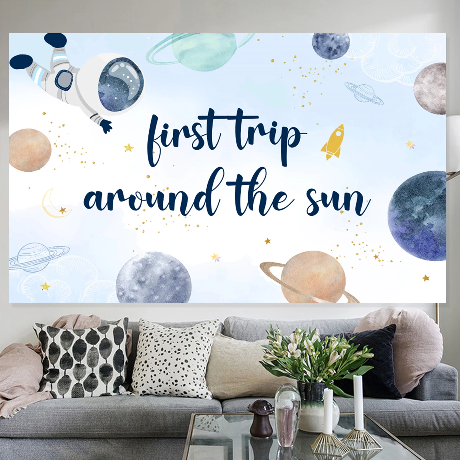 Space Astronaut Theme First Trip Around the Sun Background with Starry Sky Alien Planet Pattern Boy Baby Shower Party Supplies