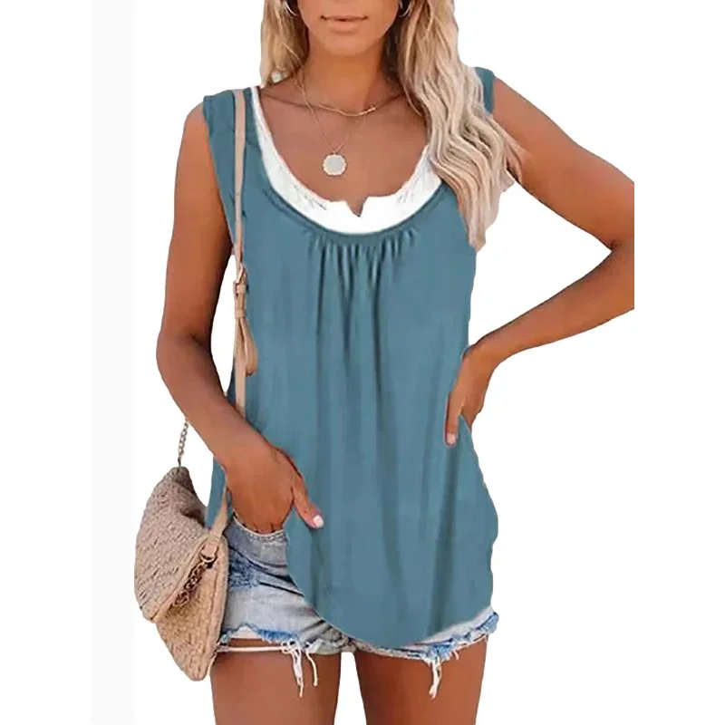 2024 summer new Europe and the United States women's blouse solid color patchwork sleeveless pleated vest T-shirt