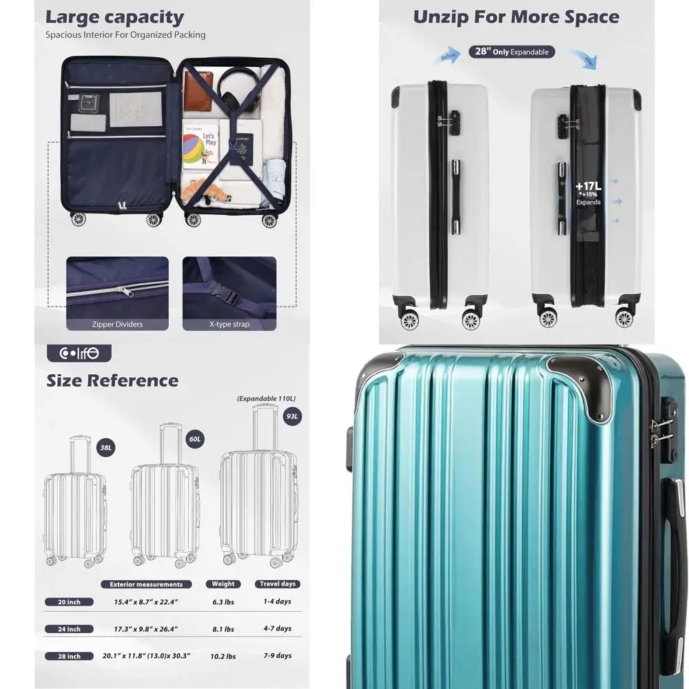 

Expandable 28 Suitcase with Spinner Wheels, PC+ABS Material, 20in, 24in, and 28in Sizes, Green New Carry-On Luggage