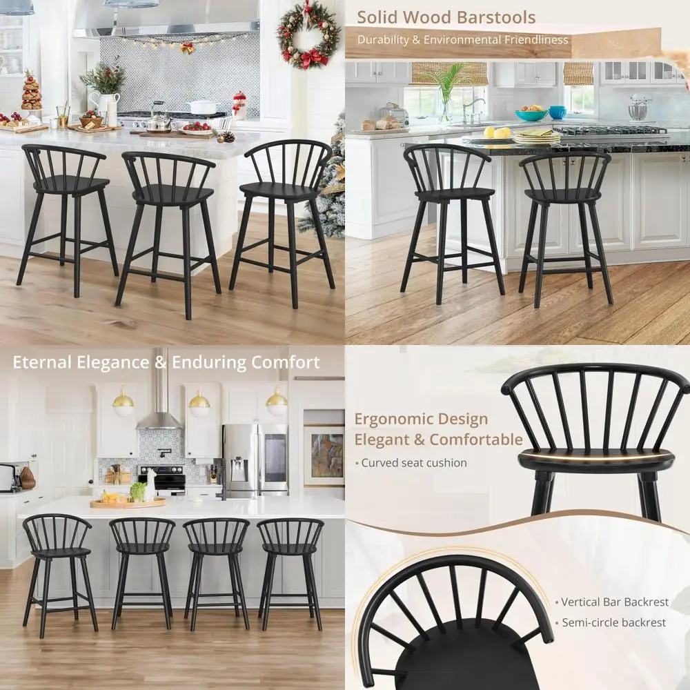 Set of 3 Black Farmhouse Style Mid Century Modern Counter Height Bar Stools with Semicircular Backrest