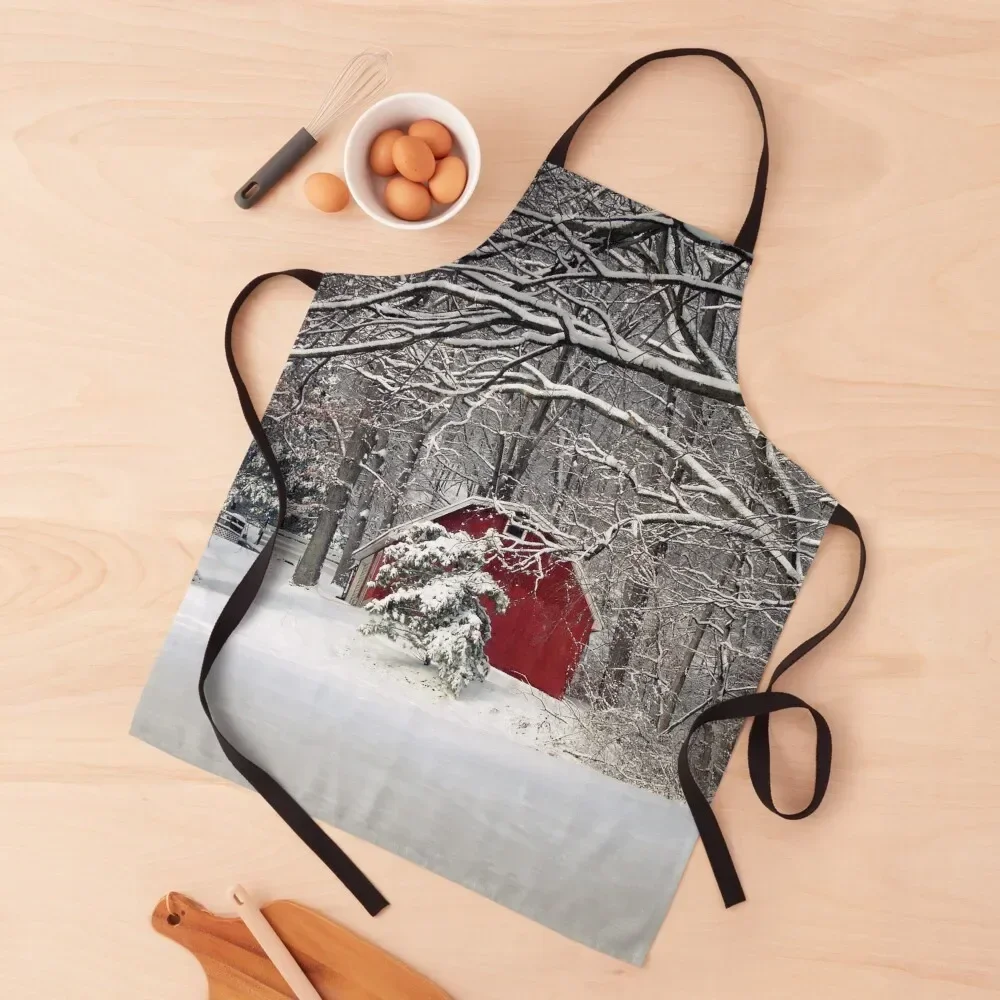 

Red Barn in the Snow Apron Women Kitchen Chef Uniform Woman Kitchen Household Items christmas Apron