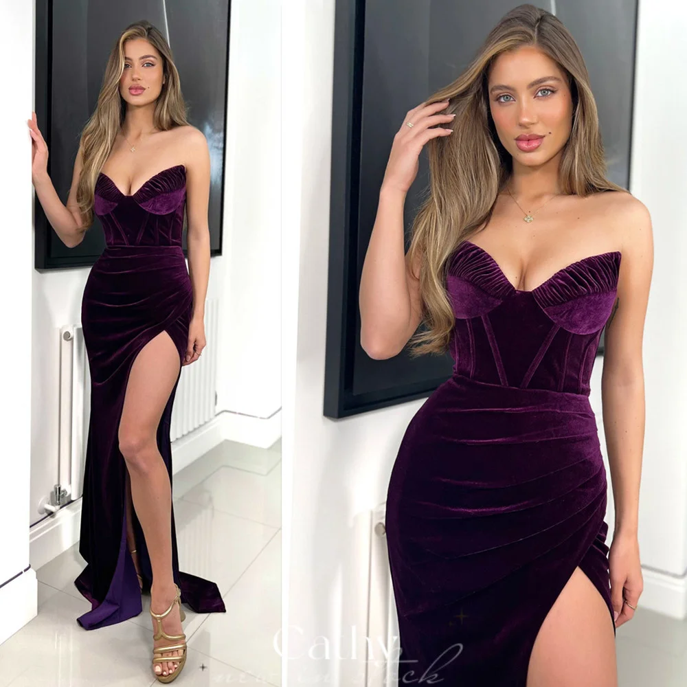 

Cathy Velvet Mermaid Evening Dress Sexy Strapless Robe De Soirée Side Split فستان سهرة Sleeveless Trumpet Prom Dresses 2023