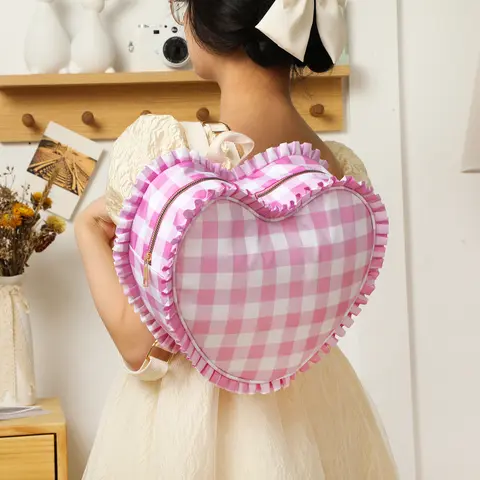 Ruffle Heart Shape Backpack Fashion Plaid Pink Girl Nylon Tote Bags For Women Outdoor Travel Student Book Valentine's Day Gift