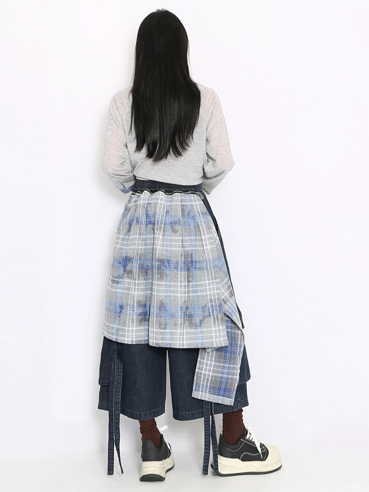 Amerikaanse Sle afneembare sjaal geruite orts dames zomer werkkleding denim losse wijde pijpen zeven broek faion hoge taille