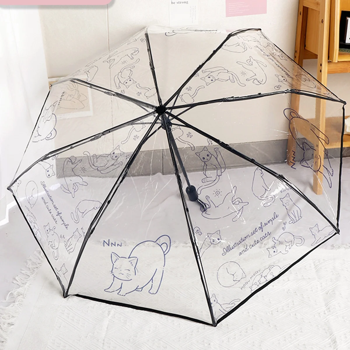 1 Piece of Fully Automatic Cat Pattern Pvc Material Transparent Umbrella, Waterproof and Windproof, Portable Umbrella, Suitable for Travel and Work