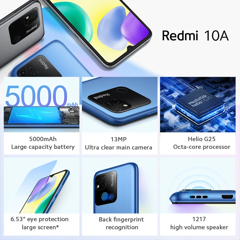 Original Xiaomi Redmi 9A/10A Global Firmware Smartphone 4GB+64GB/128GB Unlocked Xiaomi Smart Phone Free Case Glass Film Cellular