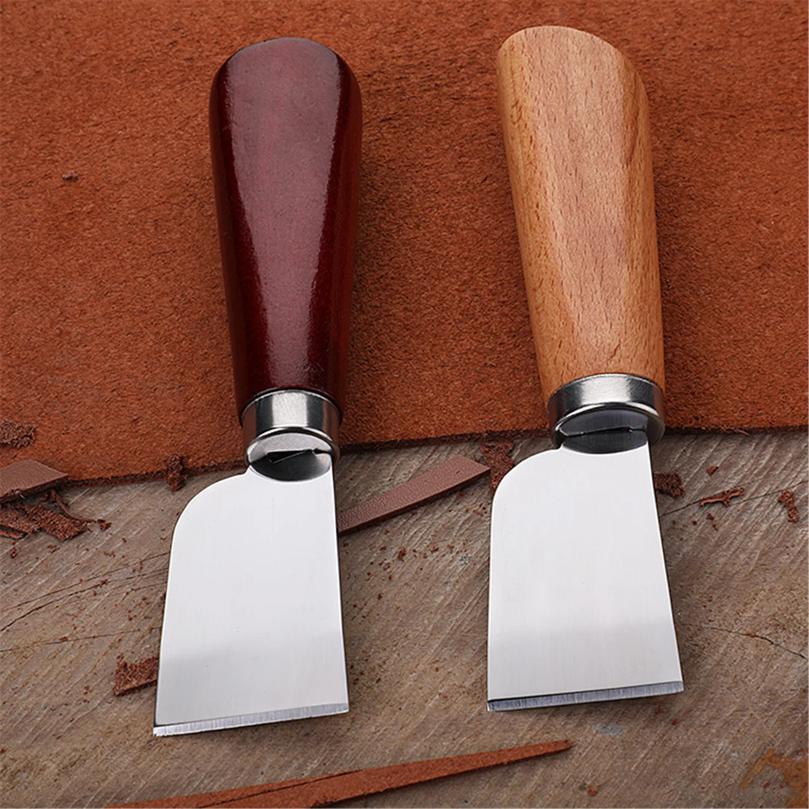 Cuchillo de adelgazamiento de cuero de acero inoxidable, herramienta de corte de Material hecho a mano, de boca ancha recortadora, mango de madera