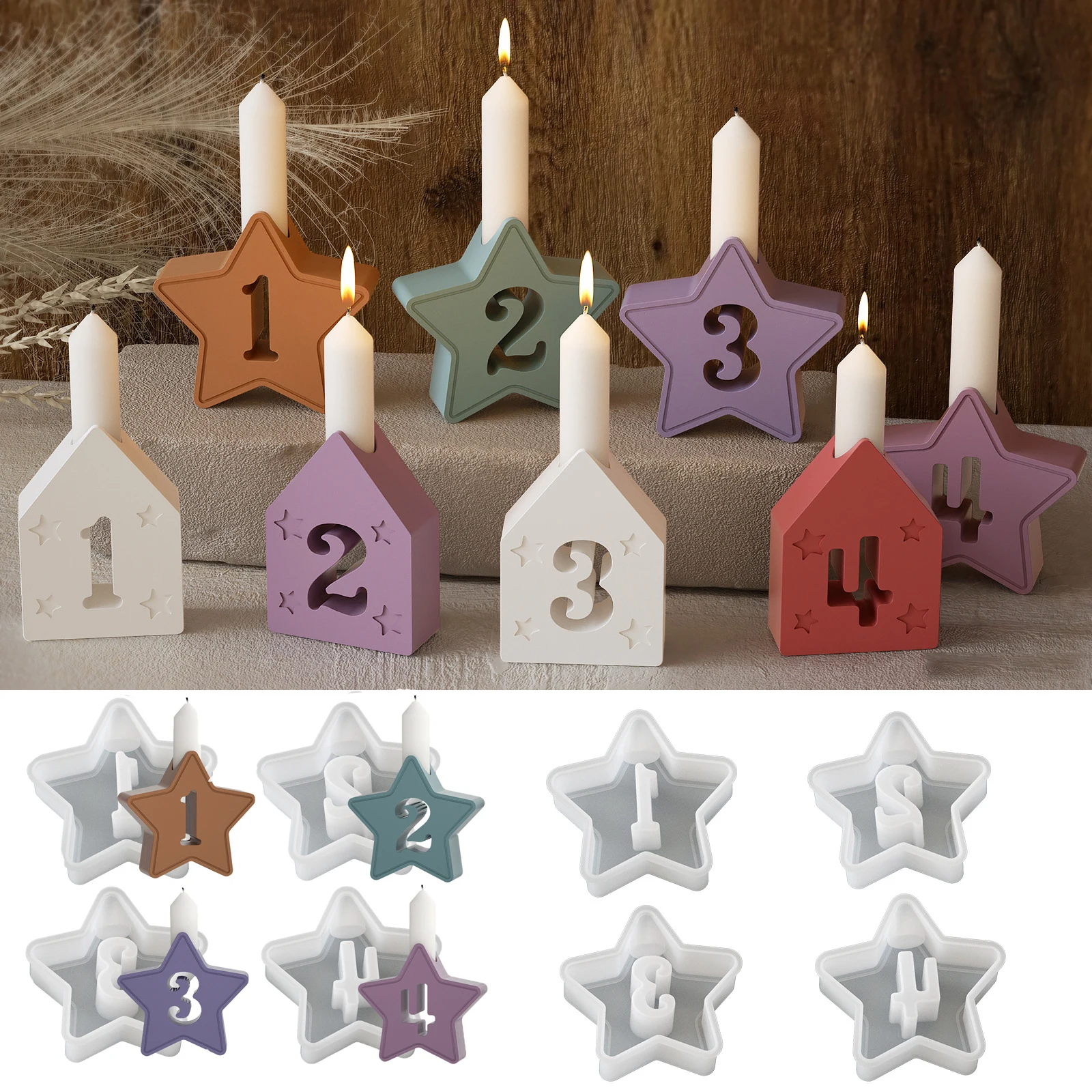 DIY New 1-4 Geometric Digital Candlestick Silicone Mold Arabic Numeral Candle Holder Craft Making Plaster Resin Molds Home Decor