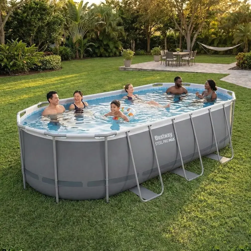 Oval 18' x 9' x 48 Above Ground Swimming Pool Set with Filter Pump, Ladder, and Cover, Gray