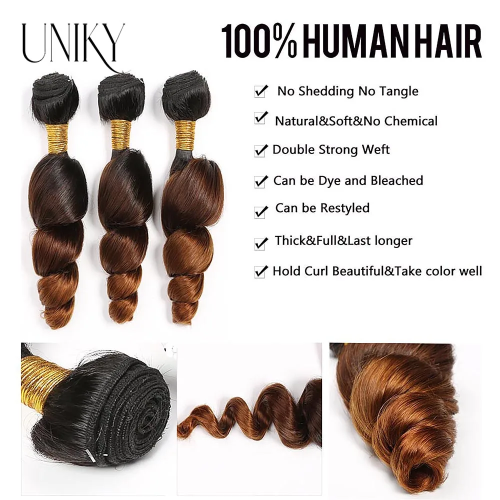 10A Ombre Human Hair 3 Bundles with Closure T1B/4/30 Remy 100% Malaysian Hair Loose Weave 3 Bundles with Lace Closure 8-24 inch