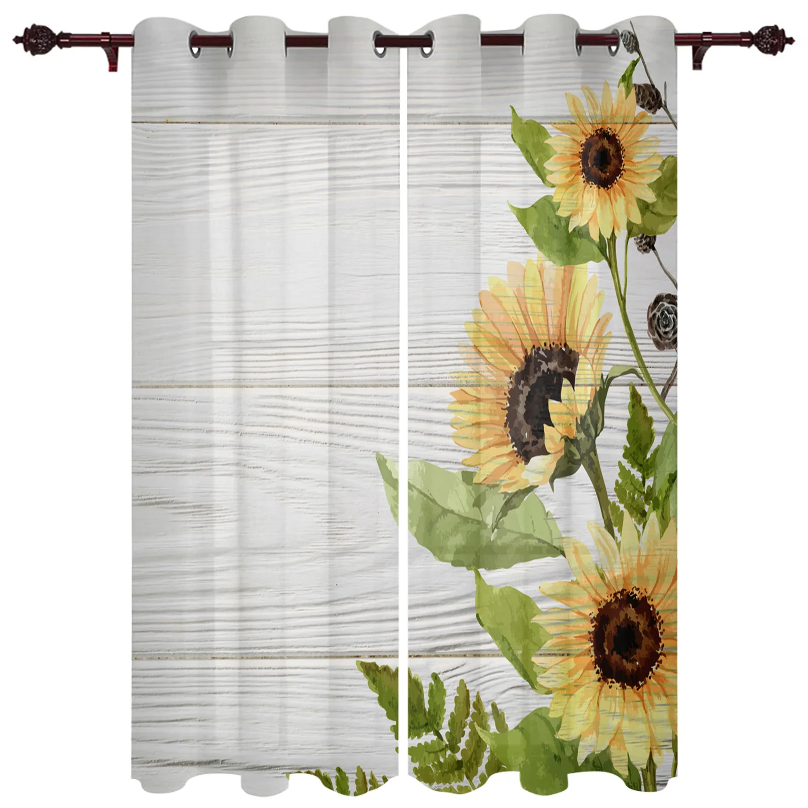 Sunflower Wood Grain Window Curtain for Living Room Balcony Decor Artistic Creative Drapes for Bedroom Kitchen Window Household