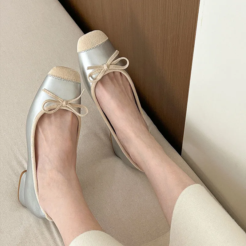 French Square Toe Bow Flats Shoes 2024 New Autumn Shallow Fairy All-match Gentle Office Dress Low Heels Pumps Female Ballerina