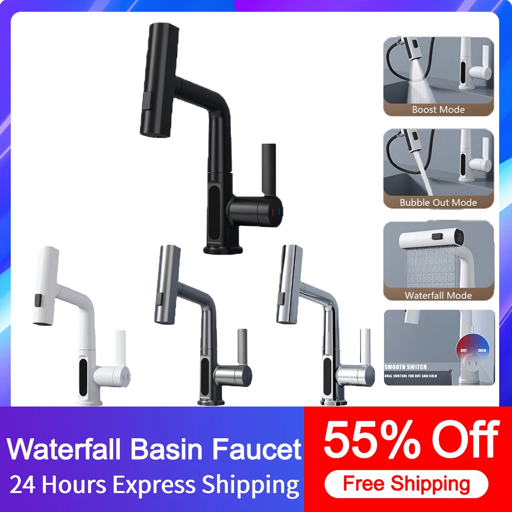 

Waterfall Basin Faucet 360° Rotation Lift Up Down Stream Sprayer Hot Cold Water Sink Mixer Wash Tap For Bathroom Kitchen Faucet